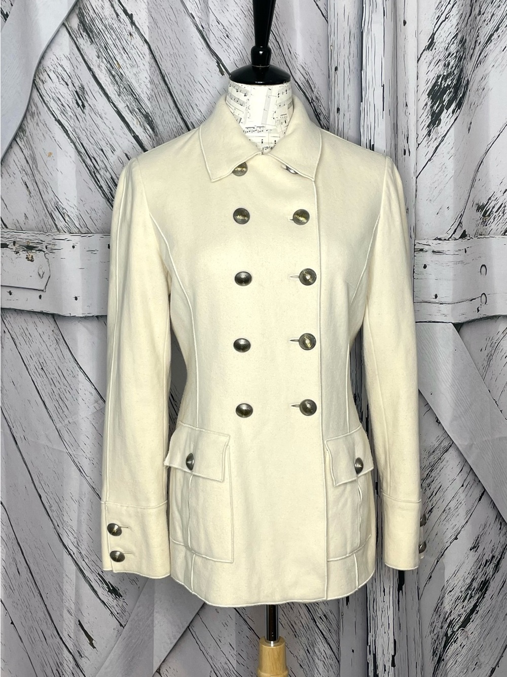 Etcetera double breasted wool/cashmere coat military cream Sz. 6